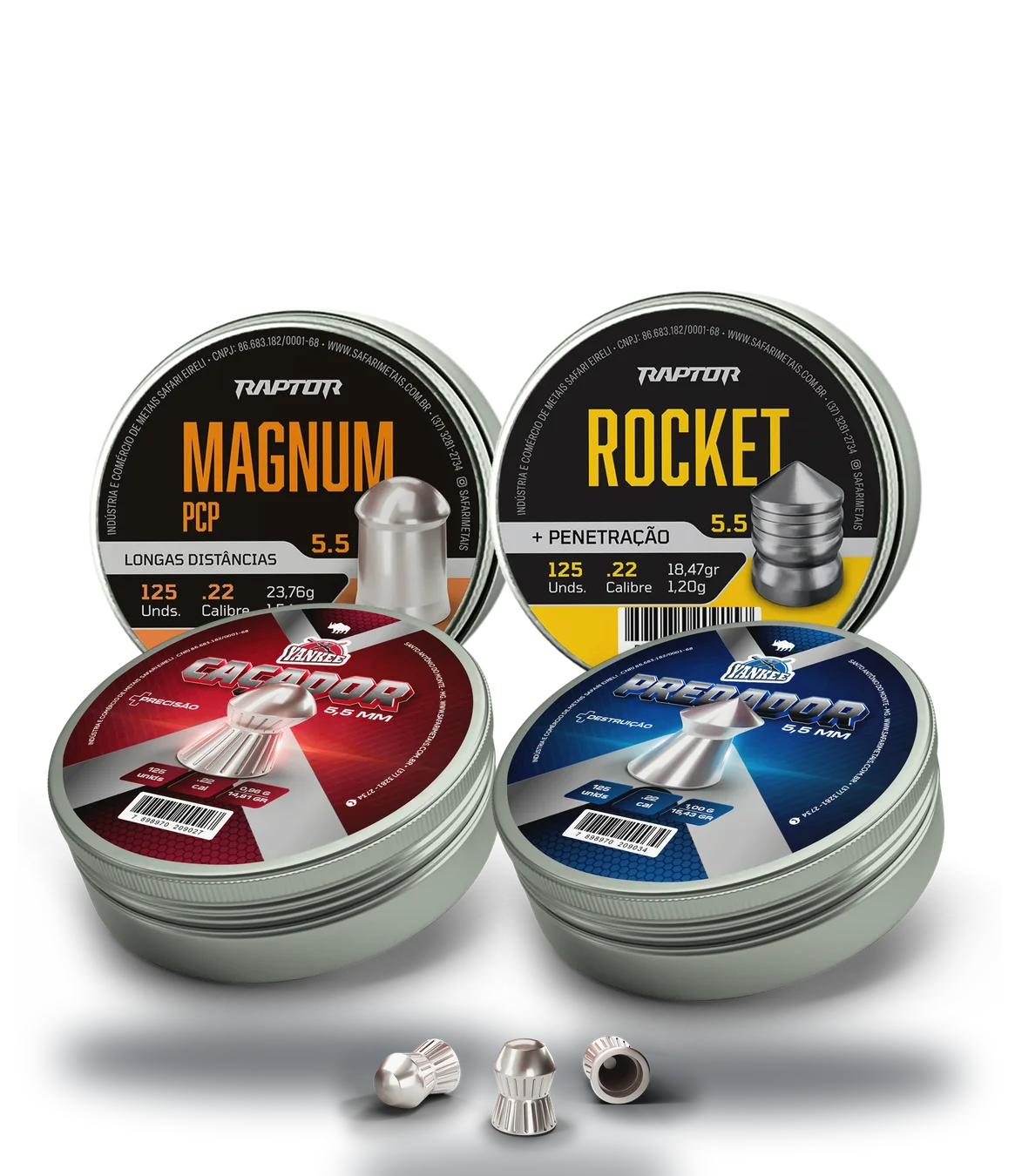 Latas de chumbinho Raptor Magnum PCP e Rocket, e Yankee Caçador e Predador